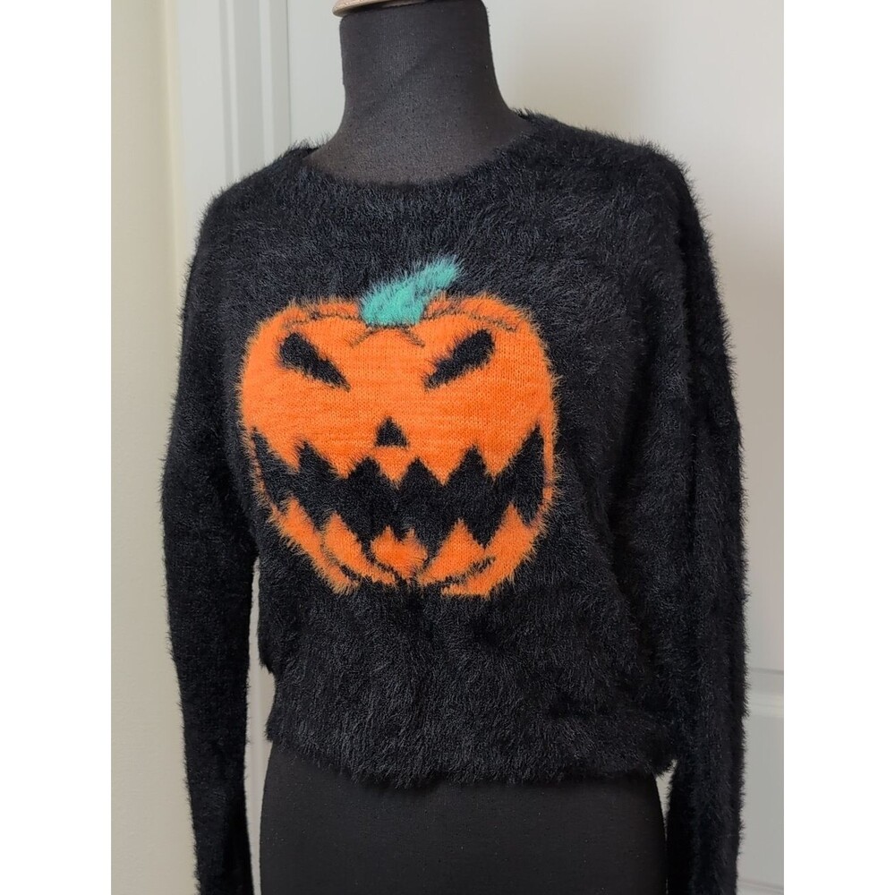 Black Fuzzy Halloween Pumpkin Sweater - Women's Cozy Knit